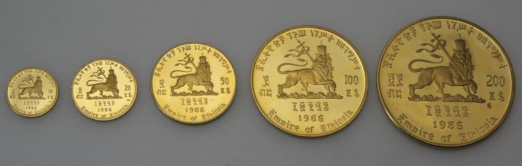 Äthiopische Goldmünzen 10, 20, 50, 100, 200 Dollar 1966