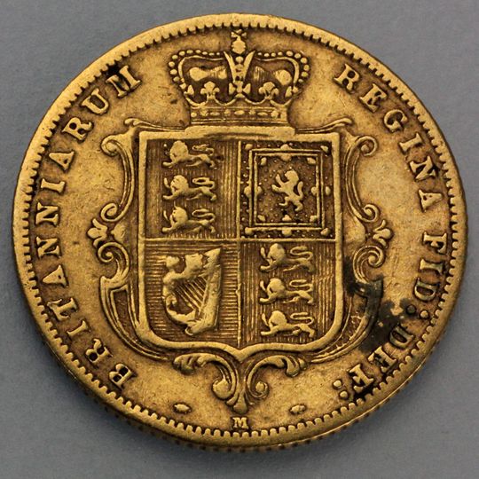 Rückseite mit Wappen und Prägezeichen M einer halben Sovereign Goldmünze Australiens Köigin Victoria