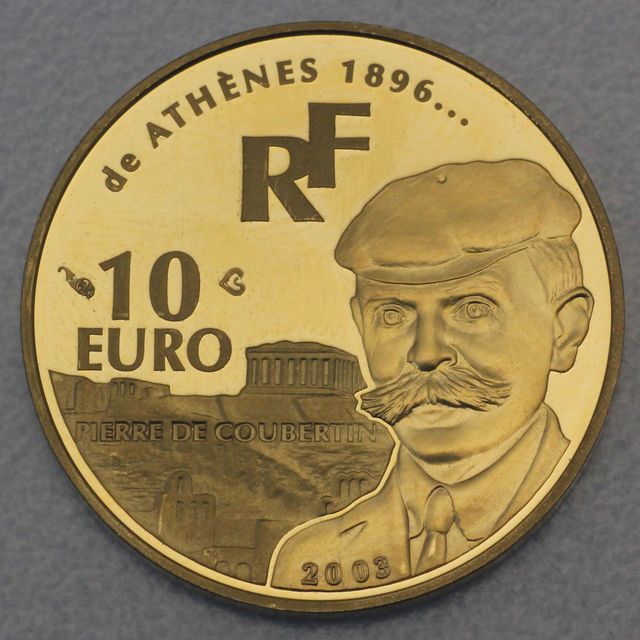 Goldmünze 10 Euro Frankreich 2003 - Olympische Läufer - Pierre de Coubertin