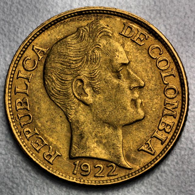 5 Pesos Goldmünze Columbien Cinco Pesos Republica Colombia Simon Bolivar 1922
