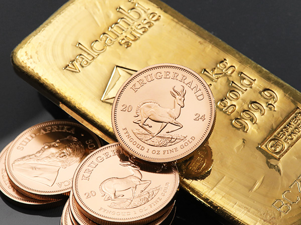 Goldbarren Valcambi und Goldmünze Krügerrand 2024
