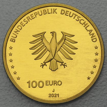 Kehrseite der 100 Euro Goldmünze "Recht" 2021