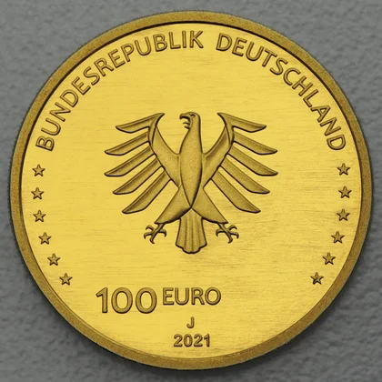 Kehrseite der 100 Euro Goldmünze "Recht" 2021