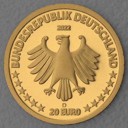Kehrseite der 20 Euro Goldmünze "Kegelrobbe" 2022 der Serie "Rückkehr der Wildtiere"
