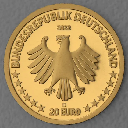 Kehrseite der 20 Euro Goldmünze "Kegelrobbe" 2022 der Serie "Rückkehr der Wildtiere"