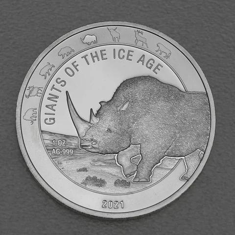 Silbermünze 1oz Ghana Giants of Ice Age 2021 - Wollnashorn