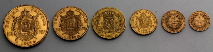 Französiche Goldmünzen Übersicht 100 Francs, 50 Francs, 40 Francs, 20 Francs, 10 Francs und 5 Francs