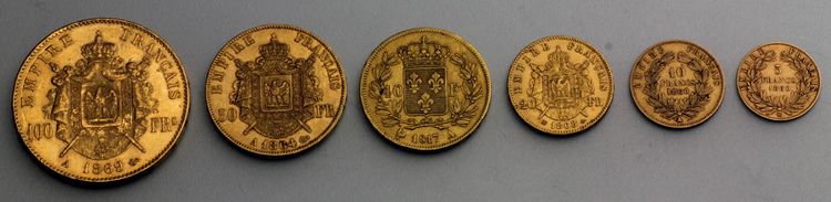 Französiche Goldmünzen Übersicht 100 Francs, 50 Francs, 40 Francs, 20 Francs, 10 Francs und 5 Francs