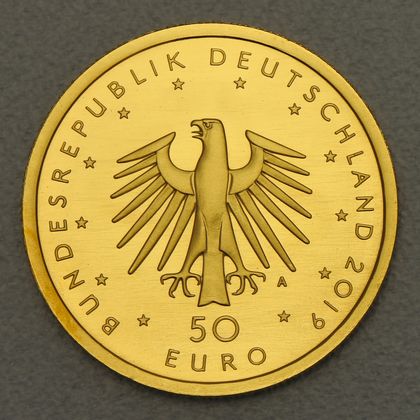 Kehrseite der 50 Euro Goldmünze "Hammerflügel" 2019 der Serie "Musikinstrumente"