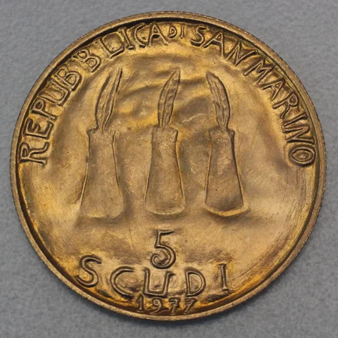 5 Scudi Goldmünze San Marino 1977 - Democrazia