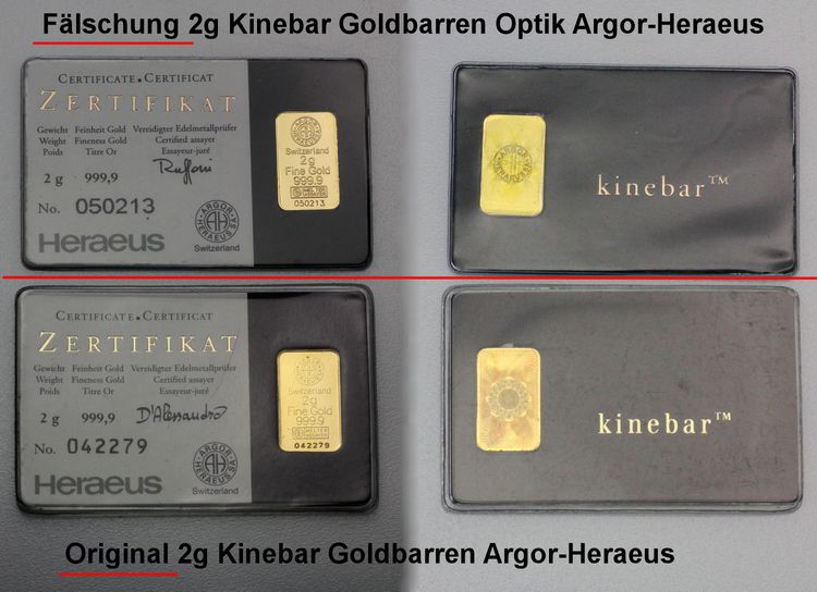 Gegenüberstellung Original 2g Kinebar Goldbarren und gefälschte Kinebar Goldbarren