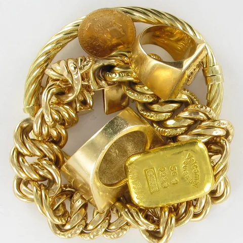 Gemischtes Altgold, Barren, Münzen, Schmuck