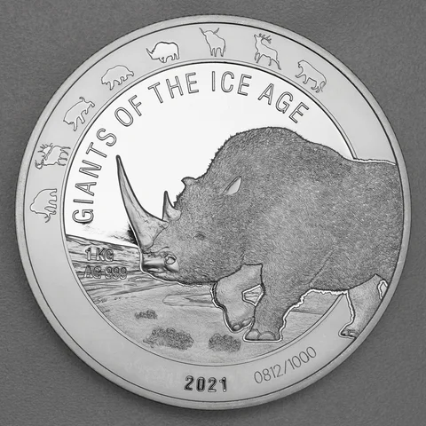 Silbermünze 1kg Ghana Giants of Ice Age 2021 - Wollnashorn