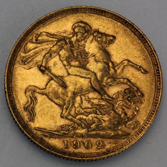 Rückseite einer 1 Pfund Sovereign Goldmünze Edward VII mit Prägezeichen P für Perth in Australien