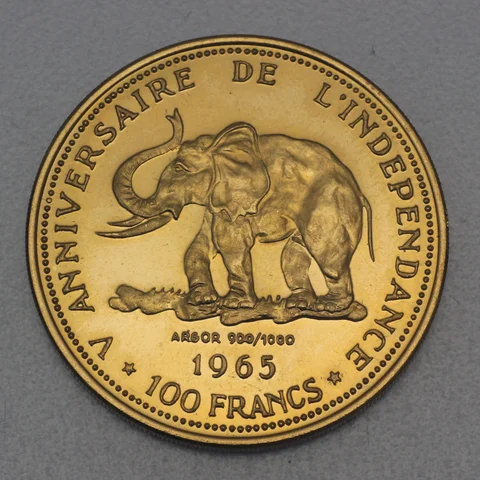 Goldmünze 100 Francs Kongo 1965 - 5. Jahrestag der Unabhängigkeit