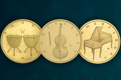 Drei Motive der Euro Goldmünzenserie "Musikinstrumente" 