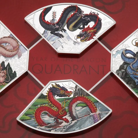 4x1oz Silbermünze "Lunar III Drache Quadrant" in der Ausführung Polierte Platte, koloriert 