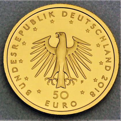 Kehrseite der 50 Euro Goldmünze "Kontrabass" 2018 der Serie "Musikinstrumente"