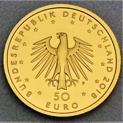 Kehrseite der 50 Euro Goldmünze "Kontrabass" 2018 der Serie "Musikinstrumente"