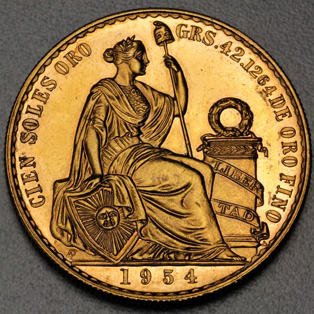 100 Soles  Goldmünze Peru Libertad Republica Peruana 1954