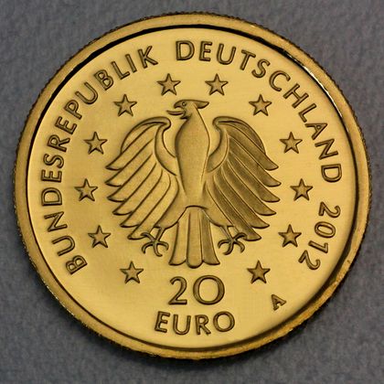 Kehrseite der 20 Euro Goldmünze "Fichte" 2012 der Serie "Deutscher Wald"