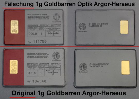 Gegenüberstelung original 1g Goldbarren von Argor-Heraeus und gefälschter 1g Barren.