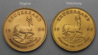 Krügerrand-Fälschung im Vergleich zu echtem Krügerrand 