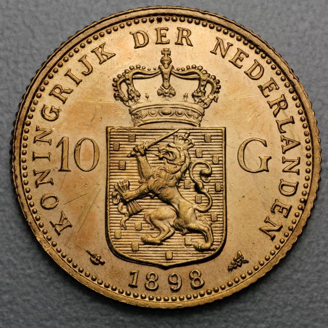 10 Gulden Goldmünze Wilhelmina Niederlande 1898 mit Krone Rückseite