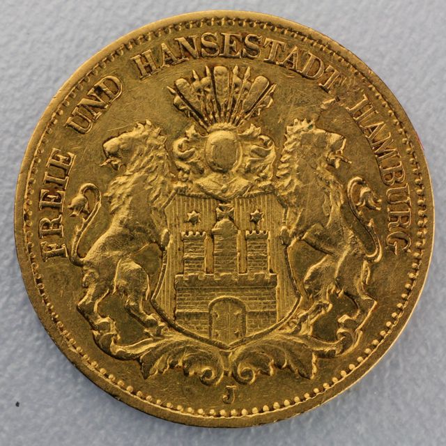 10 Reichsmark Goldmünze Hamburg Prägejahre 1875, 1876, 1877, 1878, 1879, 1880, 1888 Jäger Nr. 209