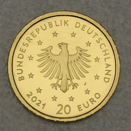 Kehrseite der 20 Euro Goldmünze "Schwarzspecht" 2021 der Serie "Heimische Vögel"