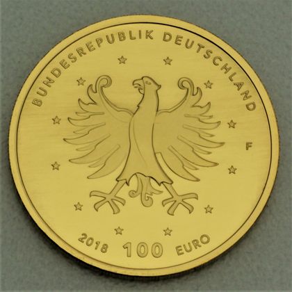 Kehrseite der 100 Euro Goldmünze "Schlösser Augustusburg und Falkenlust" 2018