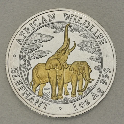 Vergoldete Silbermünze Zambia Elephant 2003