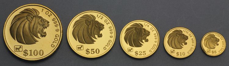 Singapur Goldmünzen 100, 50, 25, 10, 5 Dollar Lion Singapura / Singapore