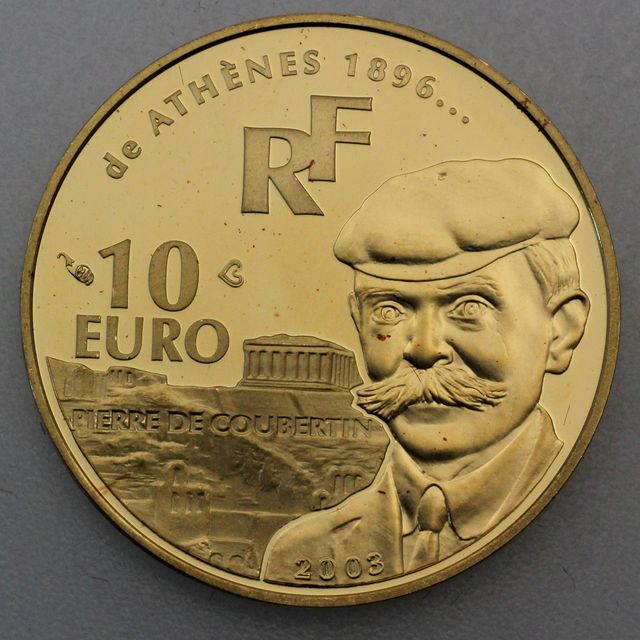 10 Euro Goldmünze Frankreich 2003 - Athen Lauf Pierre de Coubertin