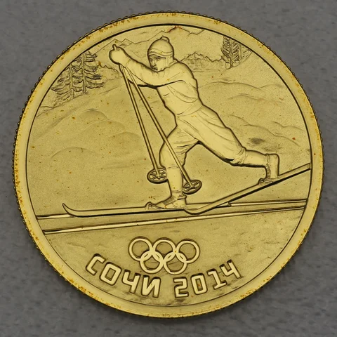 50 Rubel Goldmünze Russland 2014 Historischer Langlauf / Olympiade Sotchi