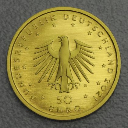 Kehrseite der 50 Euro Goldmünze "Pauke" 2021 der Serie "Musikinstrumente"