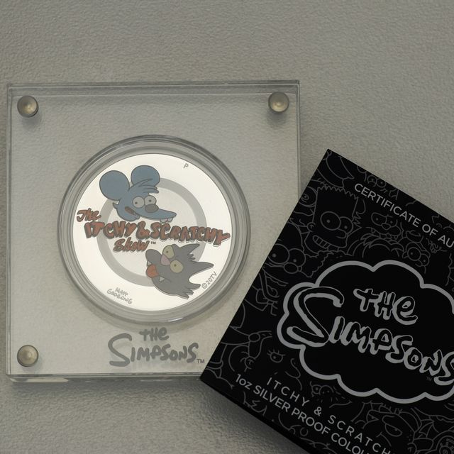 Silber Münzbarren 1oz The Simpsons 2021 - The Itchy &amp; Scratchy Show coloriert in Polierter Platte mit Designverpackung