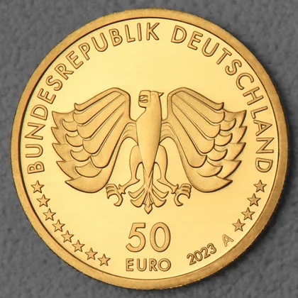 Kehrseite der 50 Euro Goldmünze "Ernährung" 2023 der Serie "Deutsches Handwerk"