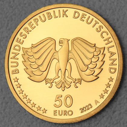 Kehrseite der 50 Euro Goldmünze "Ernährung" 2023 der Serie "Deutsches Handwerk"
