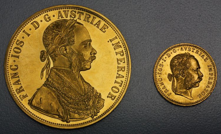 Dukaten Goldmünzen Österreich Größenvergleich 4 Dukaten / 1 Dukaten