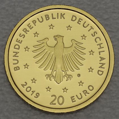 Kehrseite der 20 Euro Goldmünze "Wanderfalke" 2019 der Serie "Heimische Vögel"