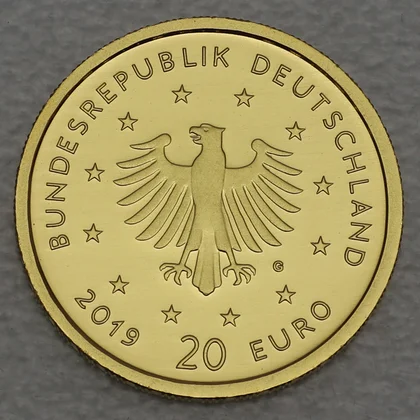 Kehrseite der 20 Euro Goldmünze "Wanderfalke" 2019 der Serie "Heimische Vögel"