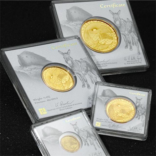 Größenübersicht von 1oz, 1/2oz, 1/4oz und 1g-Arche Noah Goldmünzen
