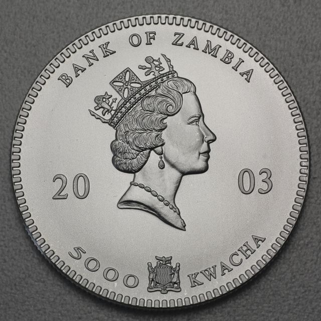 Silbermünze 1oz Zambia Elefant Wertseite mit Portrait von Queen Elisabeth II.
