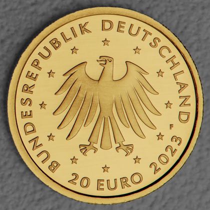 Kehrseite der 20 Euro Goldmünze "Steinbock" 2023 der Serie "Rückkehr der Wildtiere"
