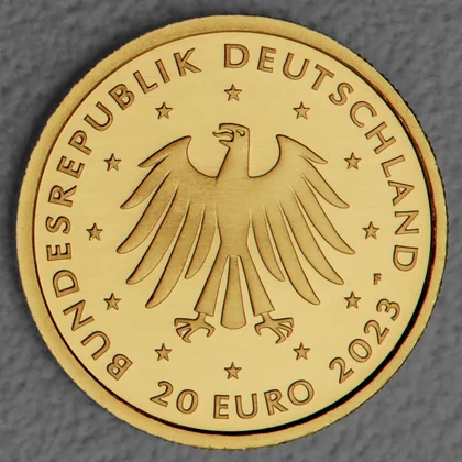 Kehrseite der 20 Euro Goldmünze "Steinbock" 2023 der Serie "Rückkehr der Wildtiere"