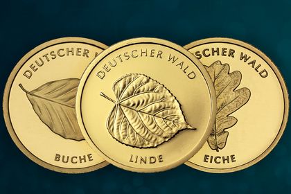 Drei Jahrgänge der 20 Euro Goldmünzenserie "Deutscher Wald"