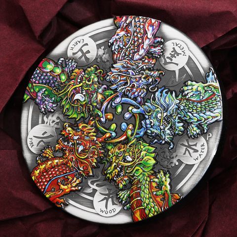 Silbermünze "Dragon and the Five Elements" (Antik Finish und koloriert)
