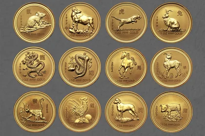 Motivübersicht der Lunar I Goldmünzenserie von 1996-2007