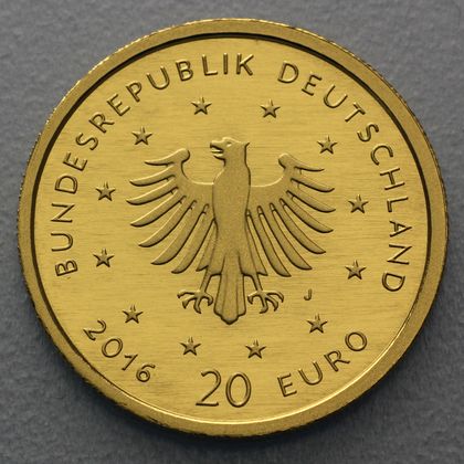 Kehrseite der 20 Euro Goldmünze "Nachtigall" 2016 der Serie "Heimische Vögel"